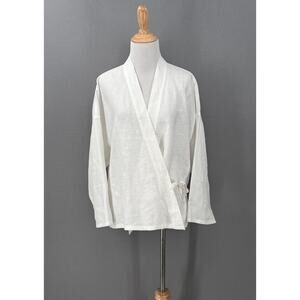 ENZA COSTA Linen Kimono Top Womens Medium White Wrap Jacket Tie Layering NEW